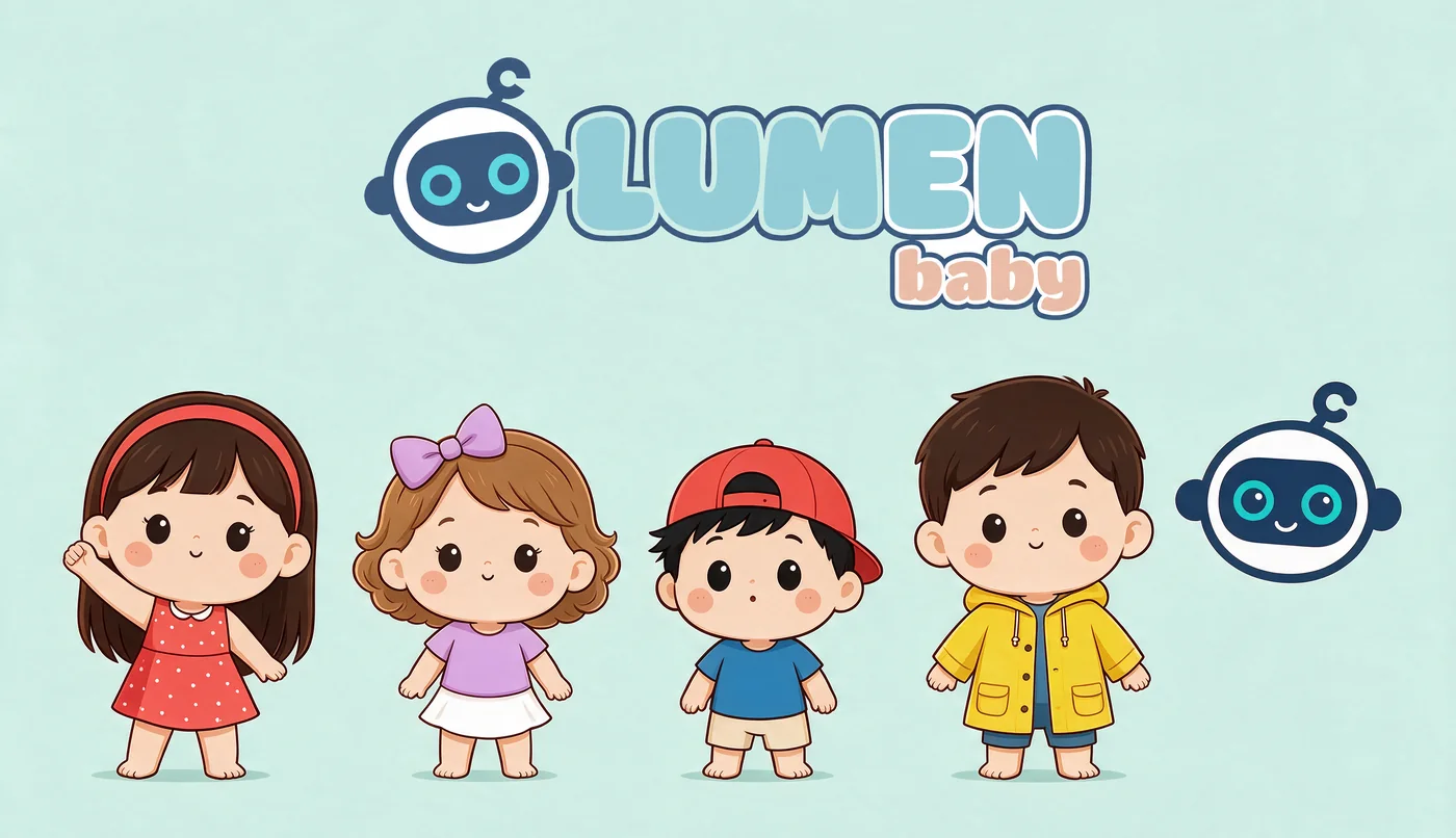 A logo do LUMEN baby sobre a turma de personagens bebês e o robô filhote