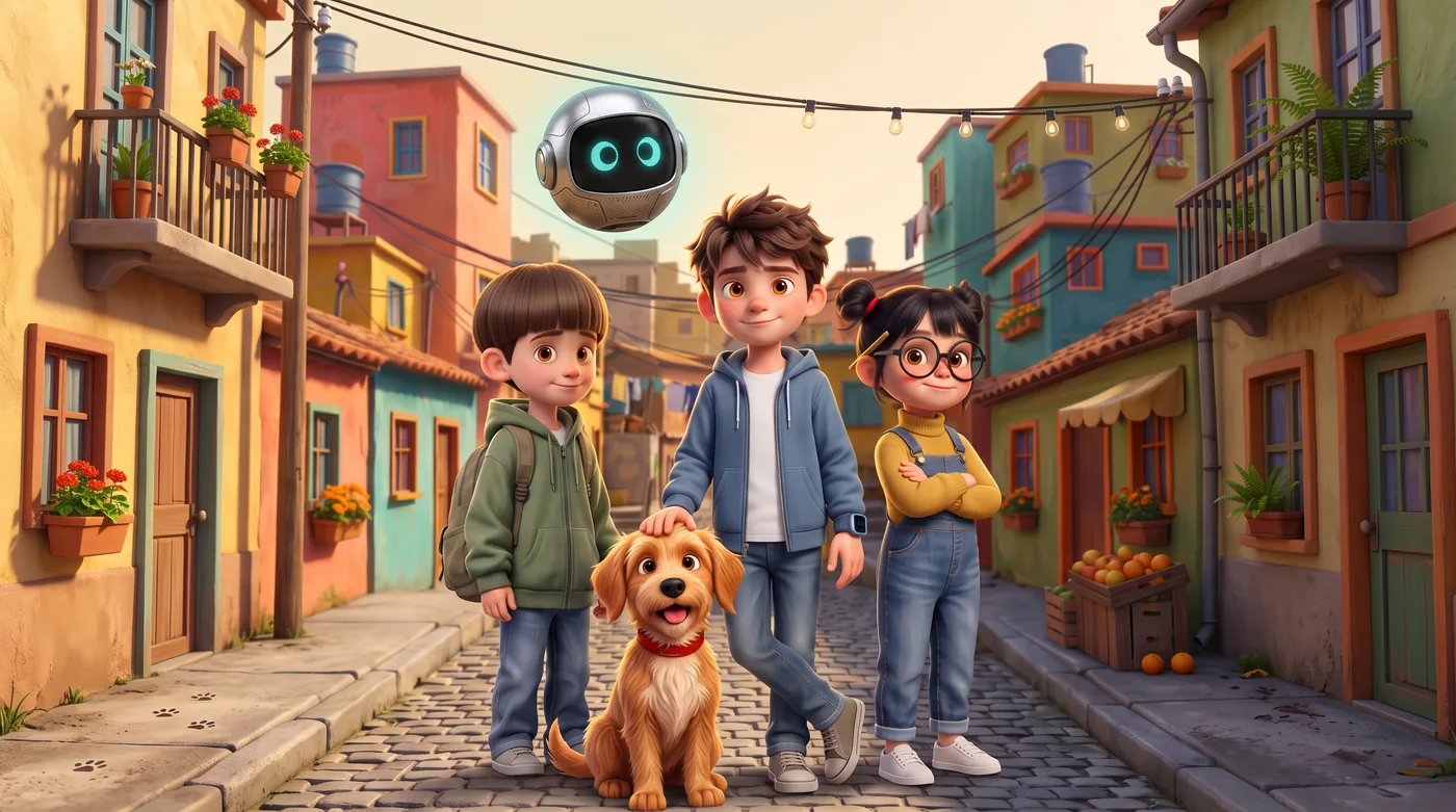 Davi, Sarah, Kaleb, o cão Bento e o robô Lumen numa rua colorida do Bairro da Paz