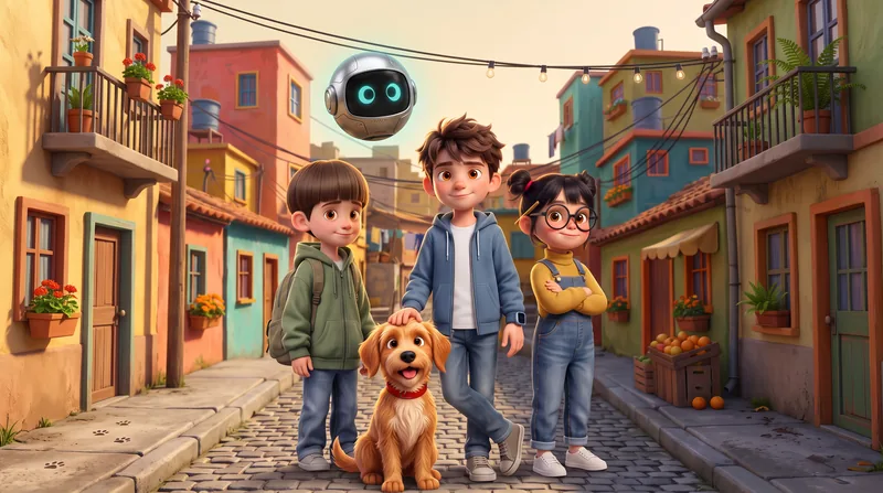 Davi, Sarah, Kaleb, o cão Bento e o robô Lumen numa rua do Bairro da Paz