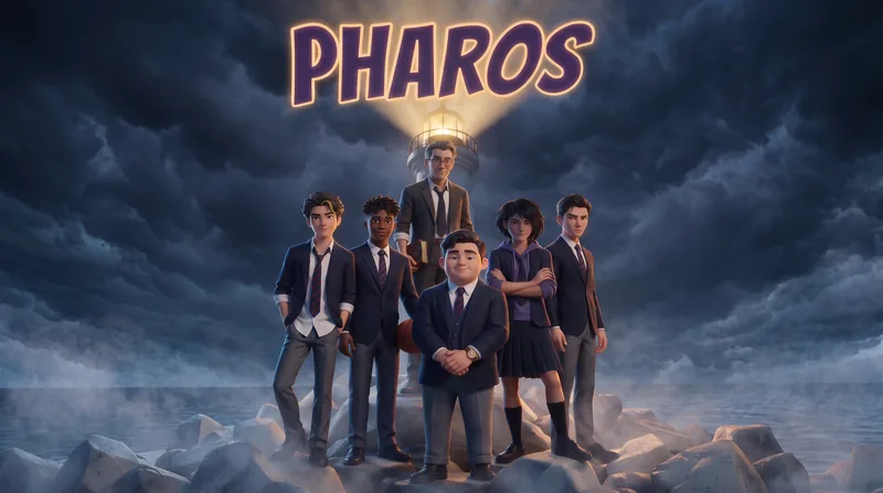 Os personagens do PHAROS diante do farol, sob um céu de tempestade